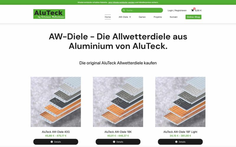 AluTeck Allwetterdielen aus Aluminium in verschiedenen Designs.