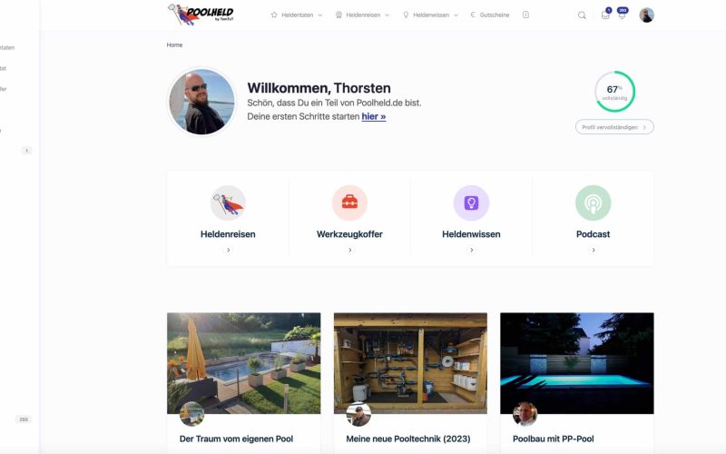 Benutzeroberfläche der Website "Poolheld" mit Willkommensgruß.